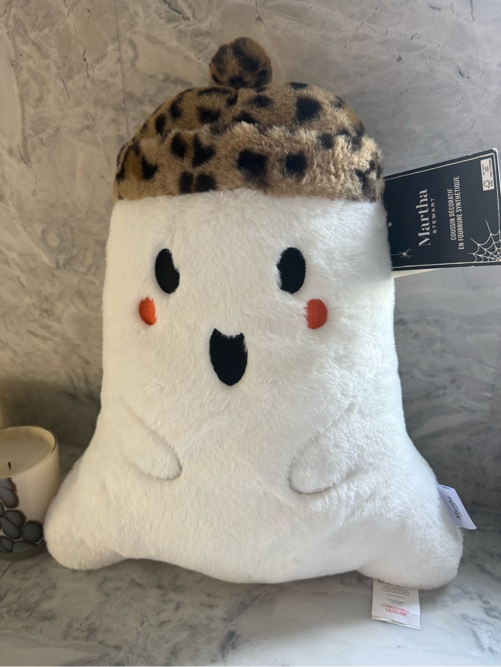 NWT Martha Stewart White Plush Ghost Pillow with Leopard-Print Hat